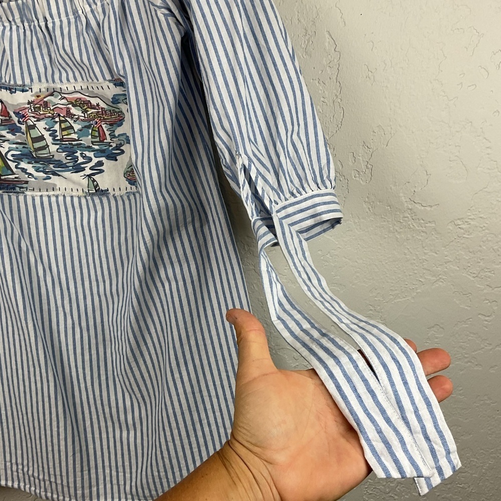 Candalite Petite Striped Off-Shoulder Tunic Top Nautical Print Tie Sleeve Sz XLP - Picture 4 of 6